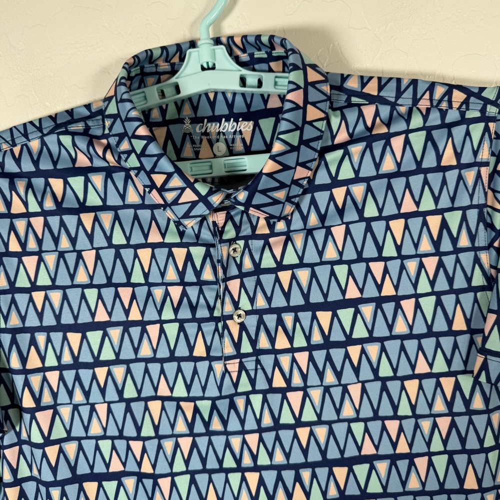 Chubbies Polo Shirt Mens Large Blue Geometric Stretch Performance Golf Casual